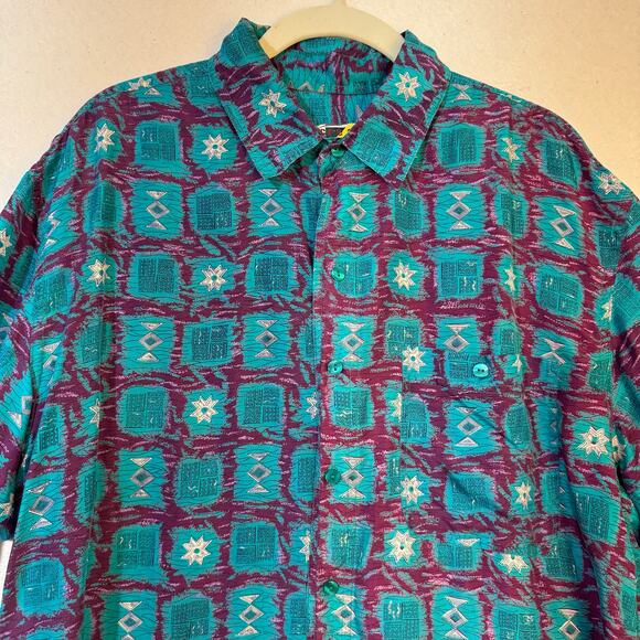 Creative Edge South Western Print Silk Button Up Blouse Size Large Short Sleeve - Picture 6 of 8